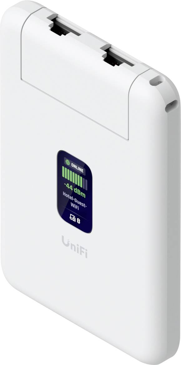 White UniFi network device with two ports. Display shows 'Online', signal strength, and 'Hotel Demo Wi-Fi'.