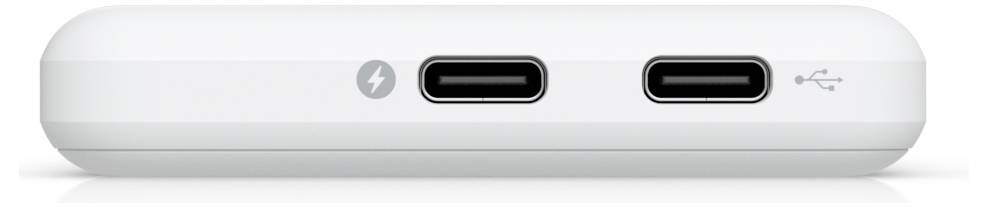 A white device with two USB-C ports on one side, featuring a lightning bolt symbol next to the first port.