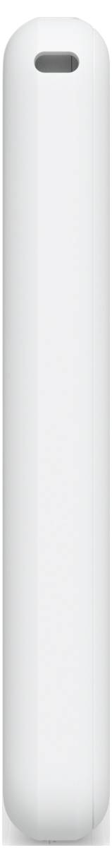 A sleek white cylindrical object with a small black rectangular opening at the top, resembling a modern tech device.