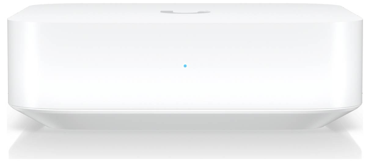 A white electronic device with a minimalist design and a small blue indicator light in the center on the front panel.
