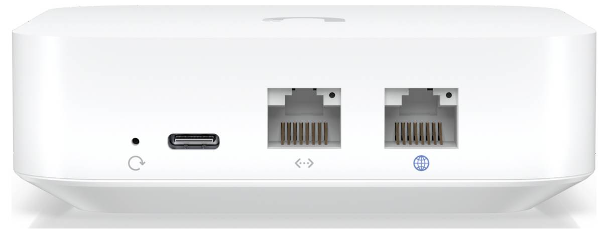'Apple Airport Extreme' router with ports: power, USB-C, and two Ethernet ports. The two Ethernet ports are labeled with network symbols.