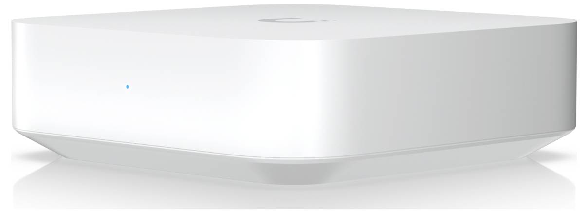 A sleek, white, rectangular electronic smart hub device with subtle branding on top against a plain background.