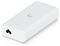A white electronic device with a logo on top, featuring a plug socket at one end, used for internet connectivity purposes.
