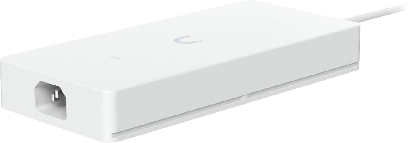 A white power adapter with a cable attached, designed for electronic devices.