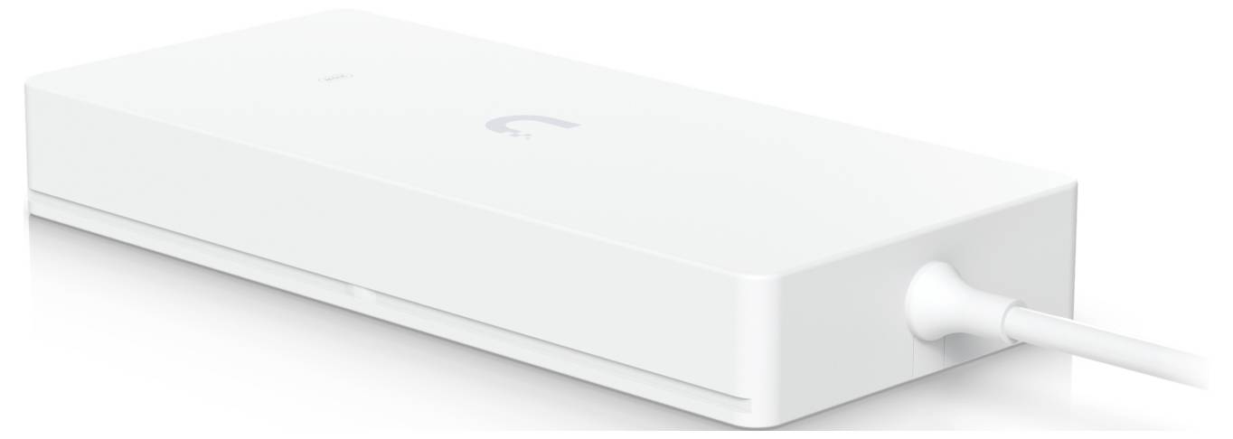 A white rectangular electronic device with a logo on top and a cable connected to one end, likely a network or power adapter.
