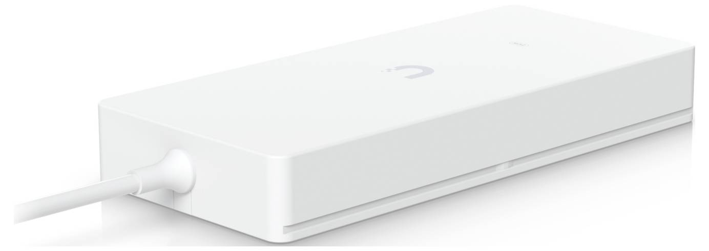 A rectangular white electronic device with a cable plugged in, typically used for network connectivity or power supply.