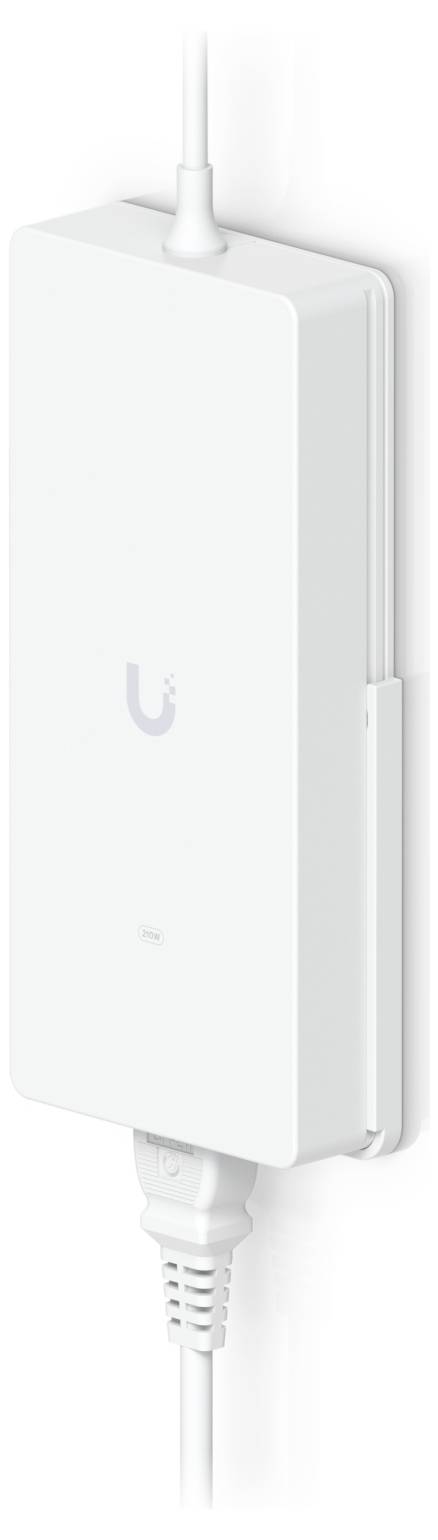 A white network device with a logo mounted on a wall, connected by top and bottom cables, indicating power and data connectivity.