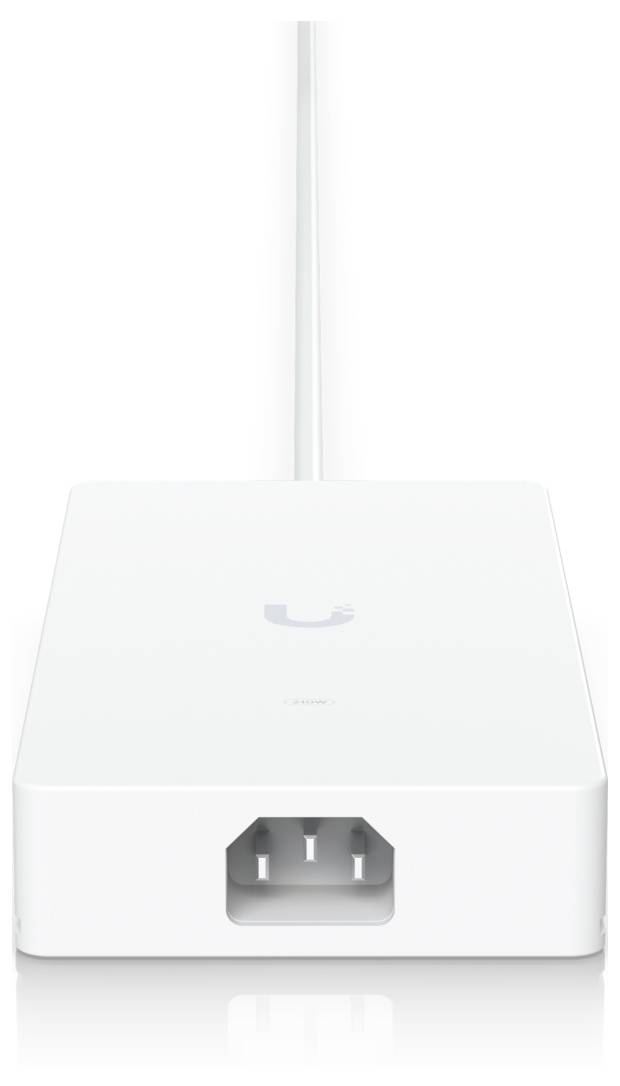 A white network device with antennas extending from the back. The front shows a port for connectivity.