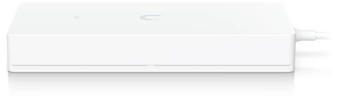 A sleek, white electronic device with a cable connected on the right side, resembling a modern digital router or smart hub.