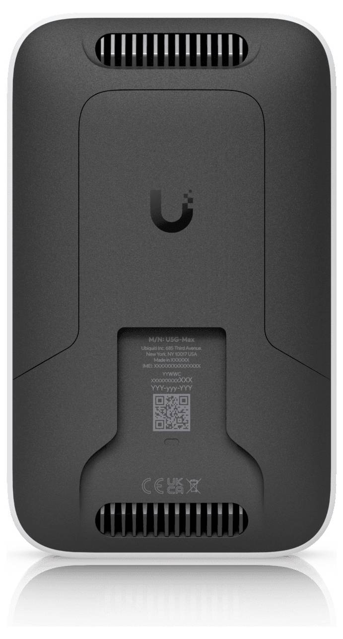 Back view of a rectangular, black electronic device with vent openings at the top and bottom. A logo and QR code are visible.