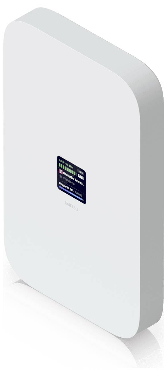 'Rectangular white Wi-Fi router with multicolored LED indicators and a small display on the front showing connectivity status.'