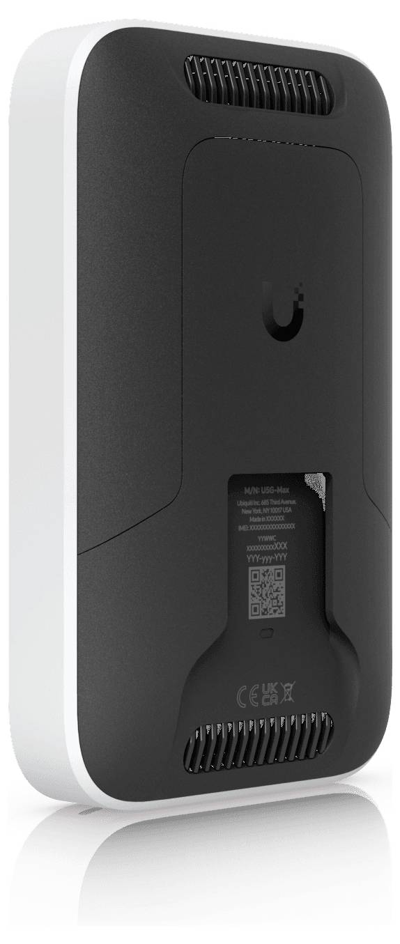 A black and white rectangular electronic device with vents, showing a QR code and model details on the back, suggesting a router.