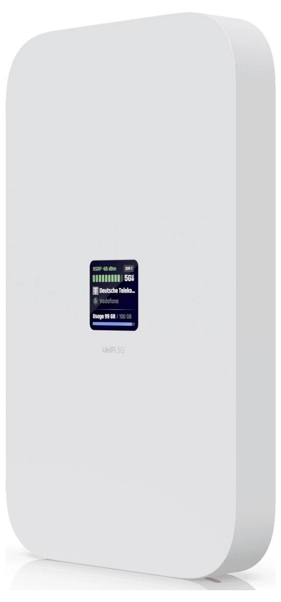 A white rectangular Wi-Fi router with a small display indicating '5G' and signal strength bars.