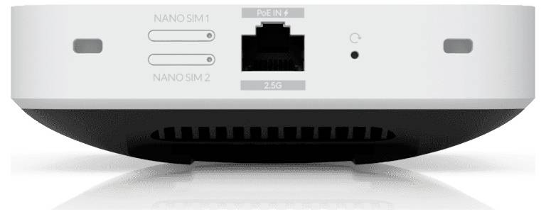 'Back view of a network device showing slots labeled NANO SIM 1 and NANO SIM 2, a port labeled RJ-ENT 2.5G, and a reset button.'