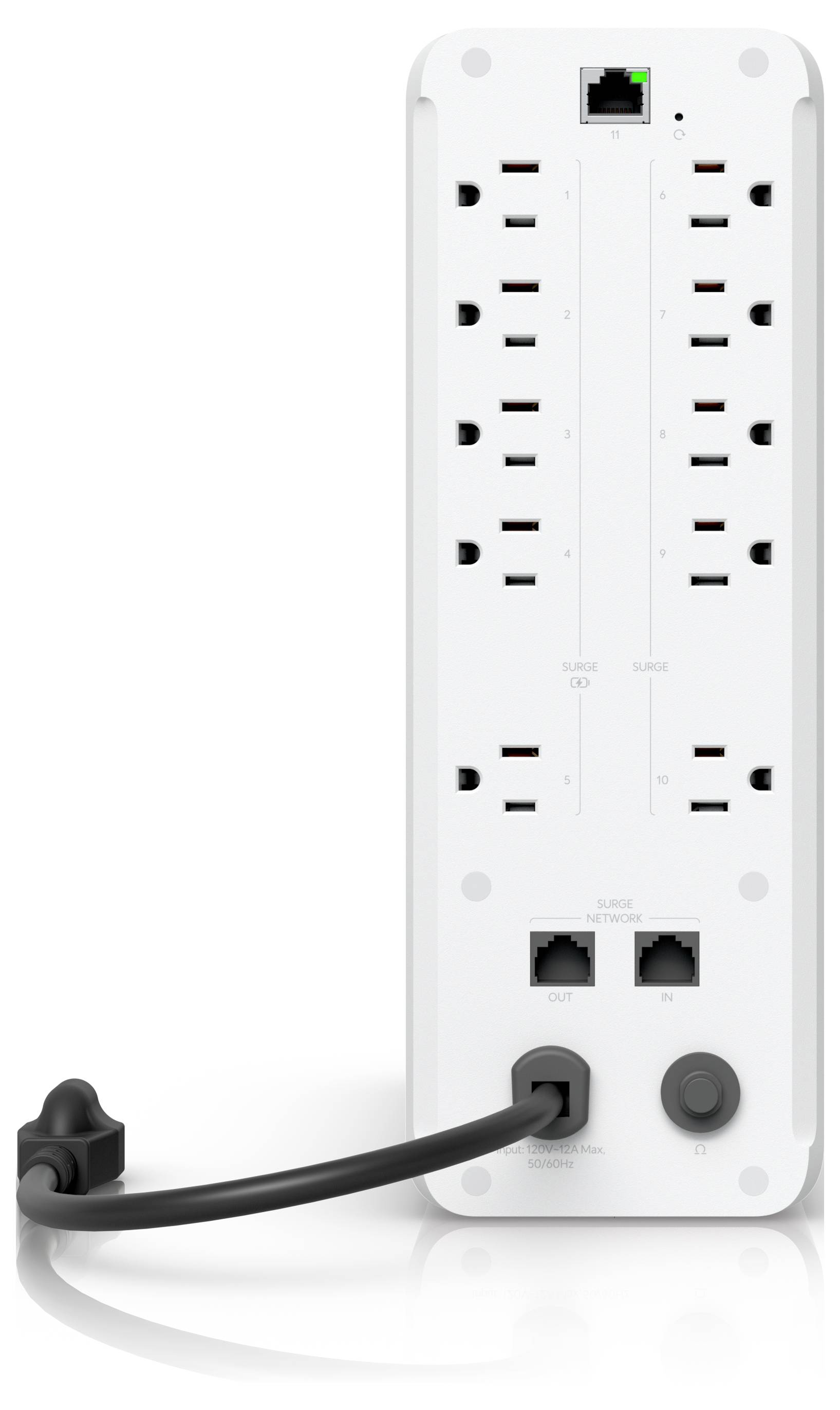 Back view of a white power strip surge protector featuring multiple outlets, an Ethernet port, and phone line connections, with a power cord.