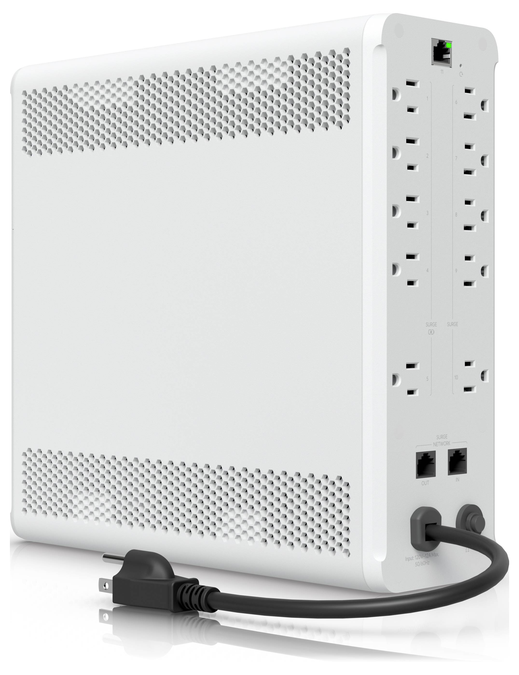 A white UPS backup power supply with multiple power outlets, two Ethernet ports, and a power plug cable, designed for electronics.