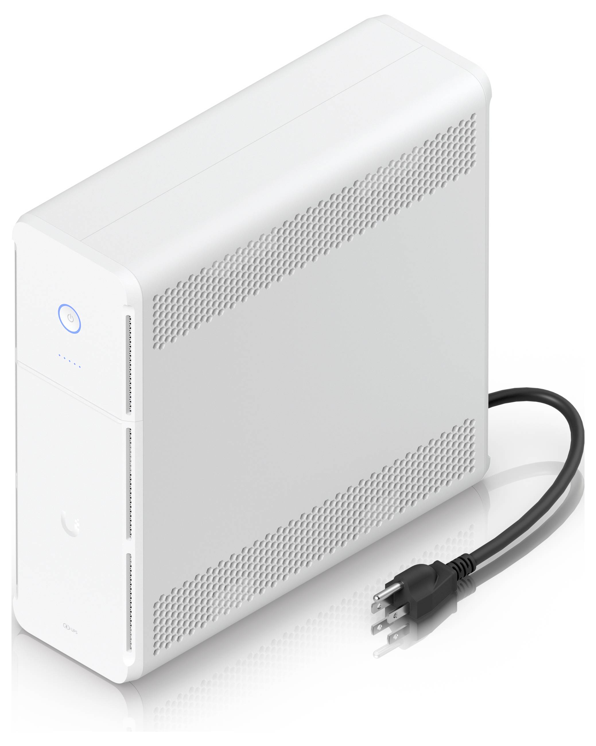A white uninterruptible power supply (UPS) unit with a power button on the front panel and an attached black power cord.