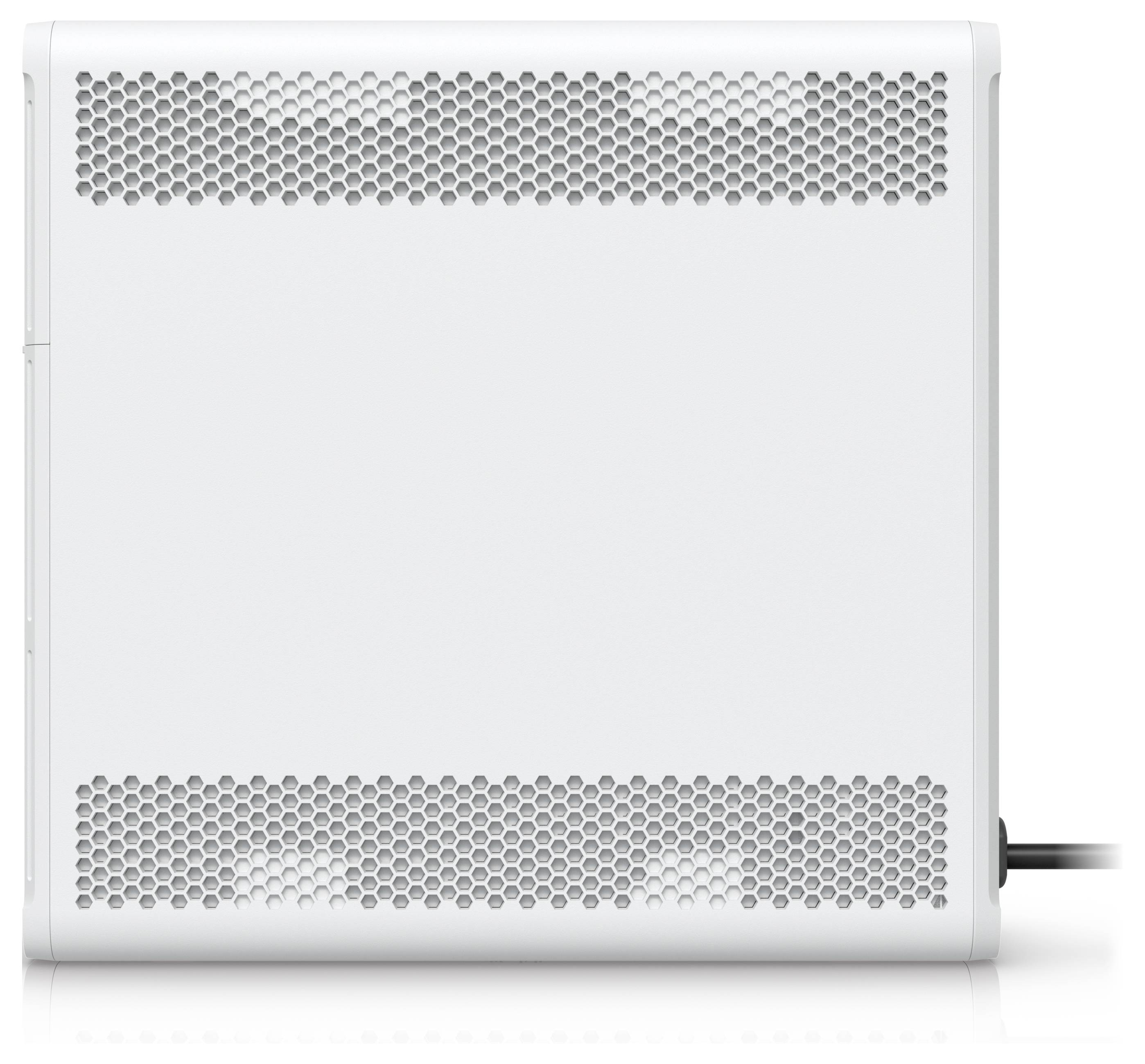 A white modem with a hexagonal ventilation pattern on its side. A single cable is connected at the rear.