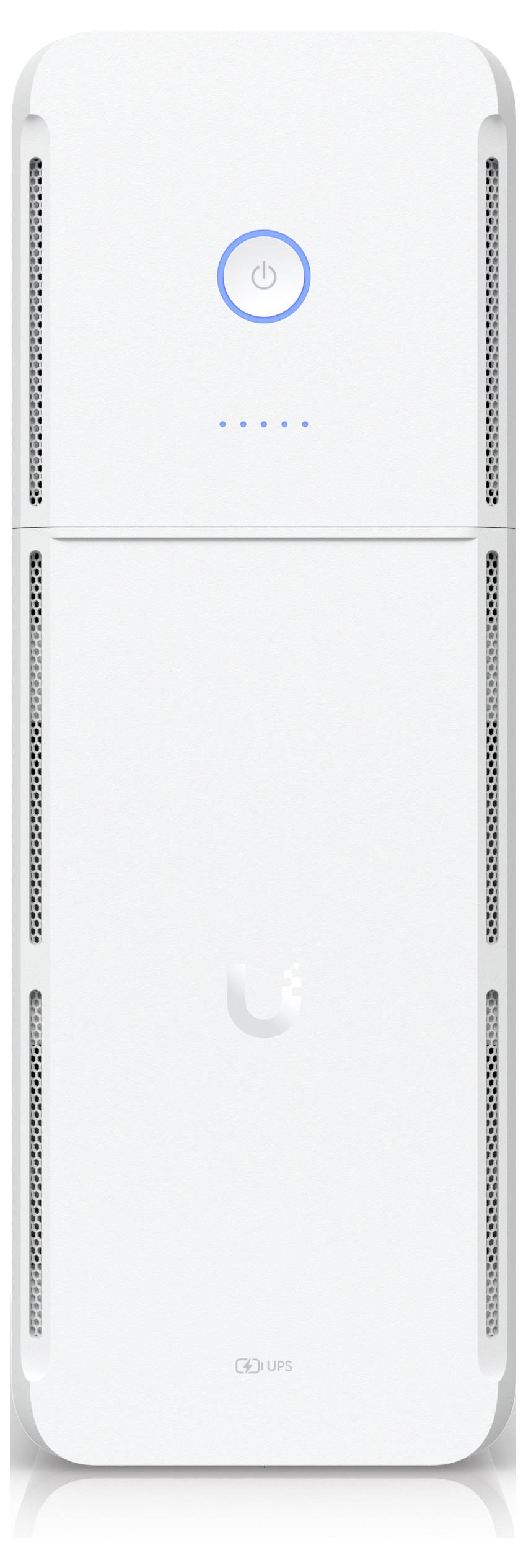 A white rectangular networking device with a power button at the top and ventilation grilles on the sides, featuring a small logo at the bottom.