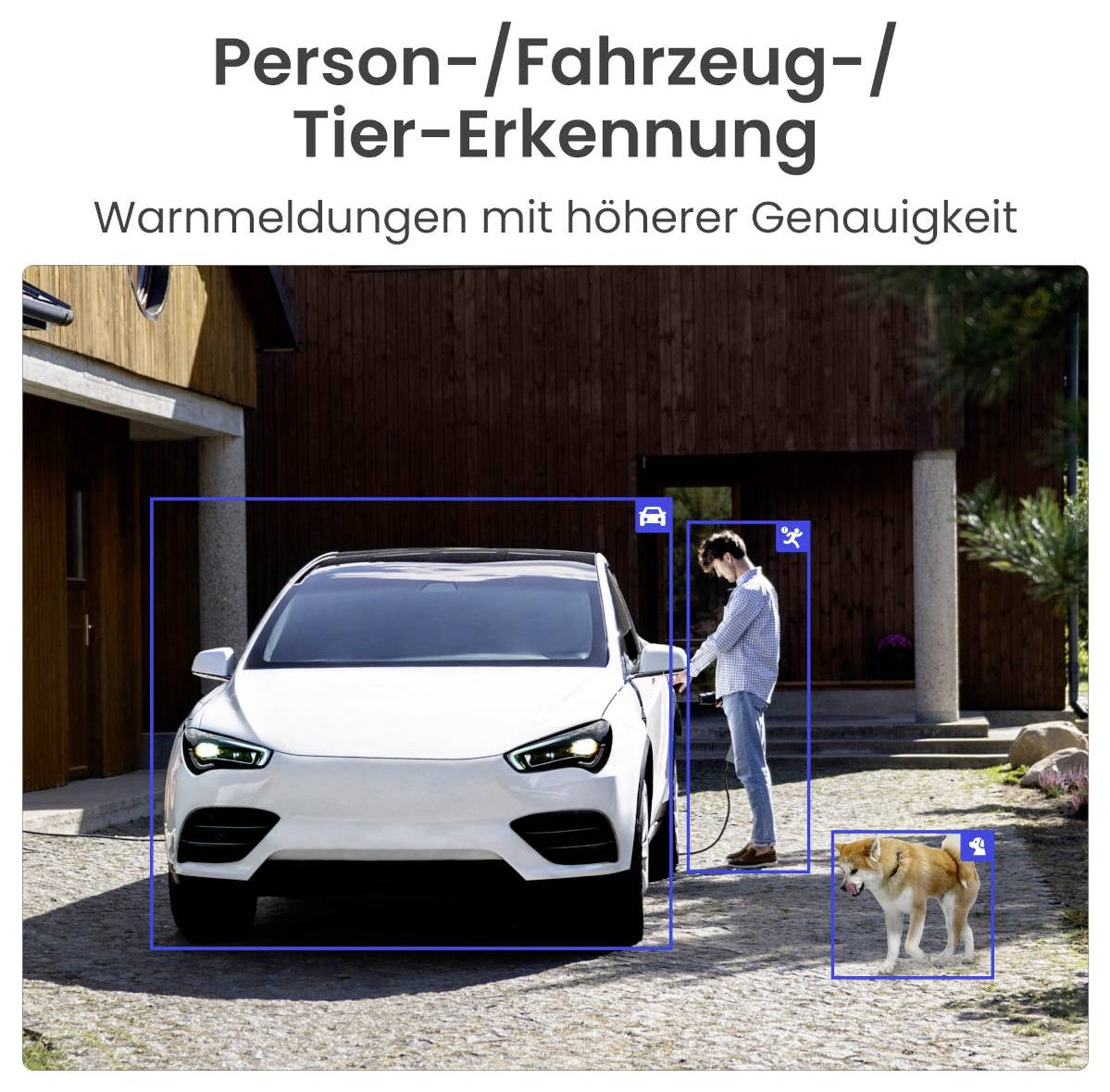 Car in driveway with outlined dog and person. Text: 'Person/vehicle/animal detection. Warning notifications with improved accuracy'.