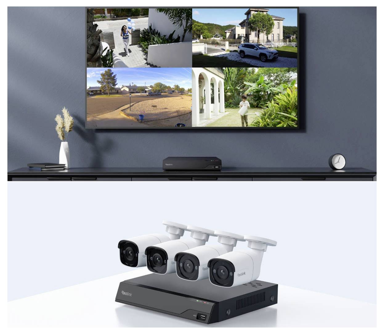 A security system setup displaying four surveillance camera feeds on a TV, with a DVR and four cameras placed on a shelf below.