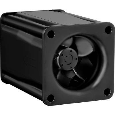 A black electric fan with a square frame and circular blades is designed for ventilation. It features a compact and sturdy structure.