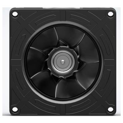 A square cooling fan with a circular blade assembly surrounded by a black casing, viewed from the front, showing eight curved blades.