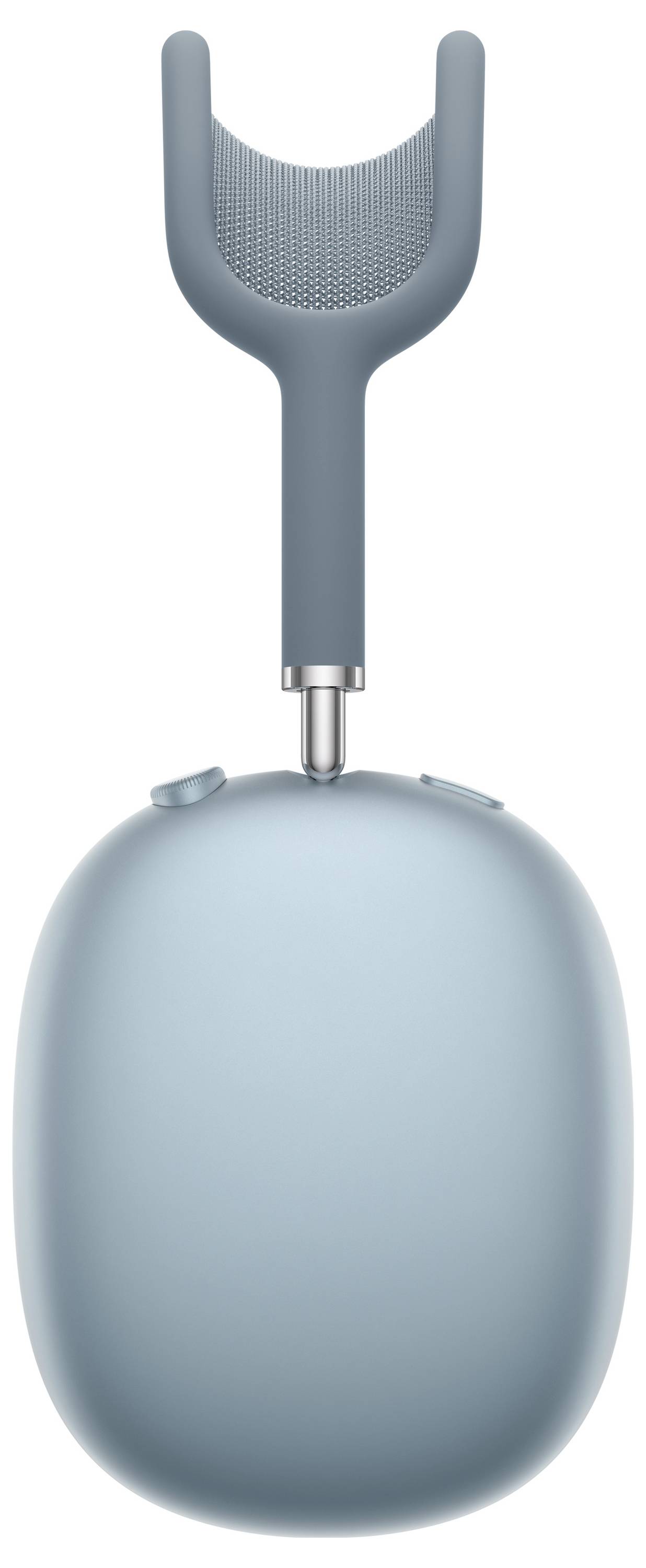 A single blue over-ear headphone, showing the ear cup and metal connector with a mesh-covered headband.