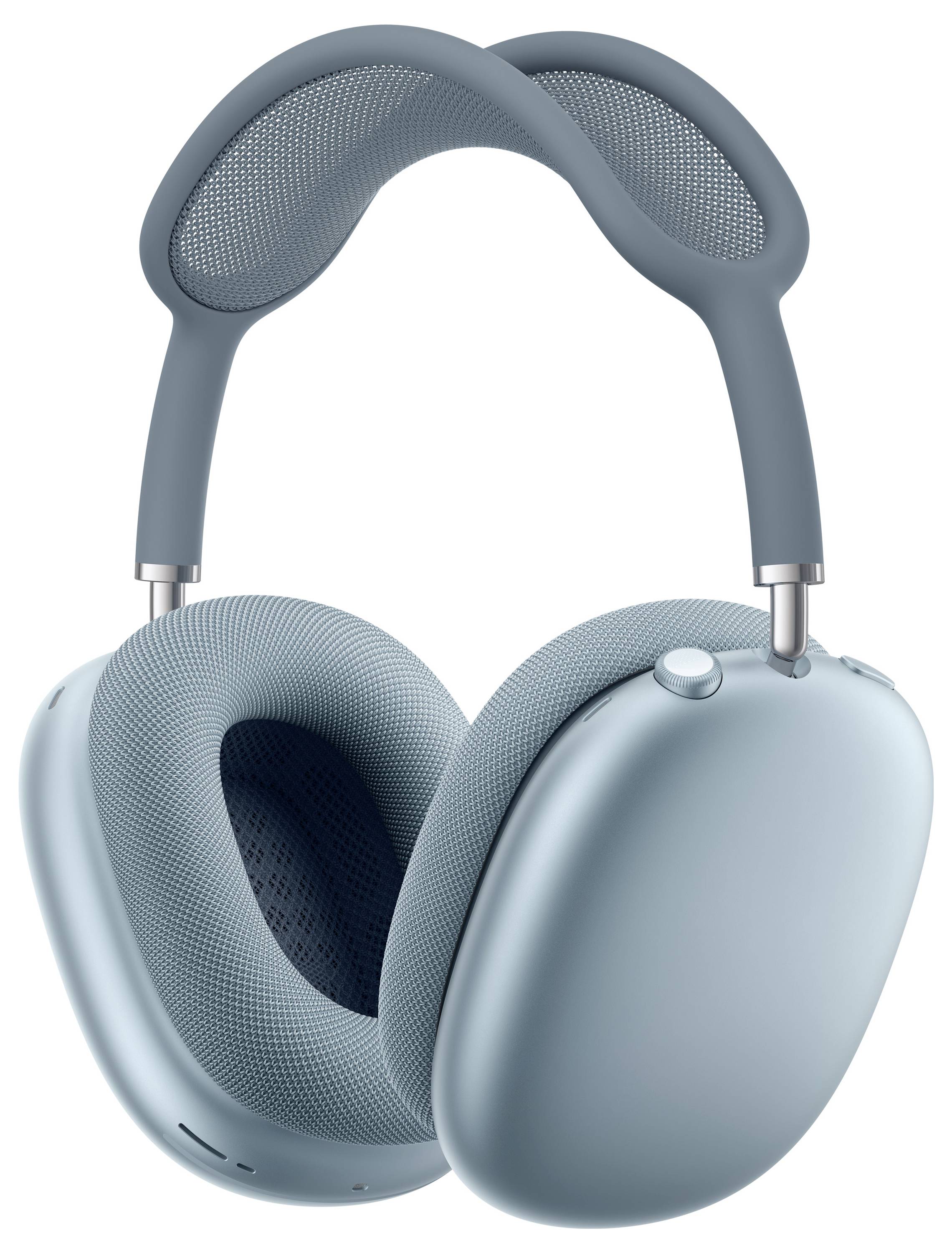 A pair of modern over-ear headphones in light blue, featuring a mesh headband and large cushioned ear cups, designed for comfort.