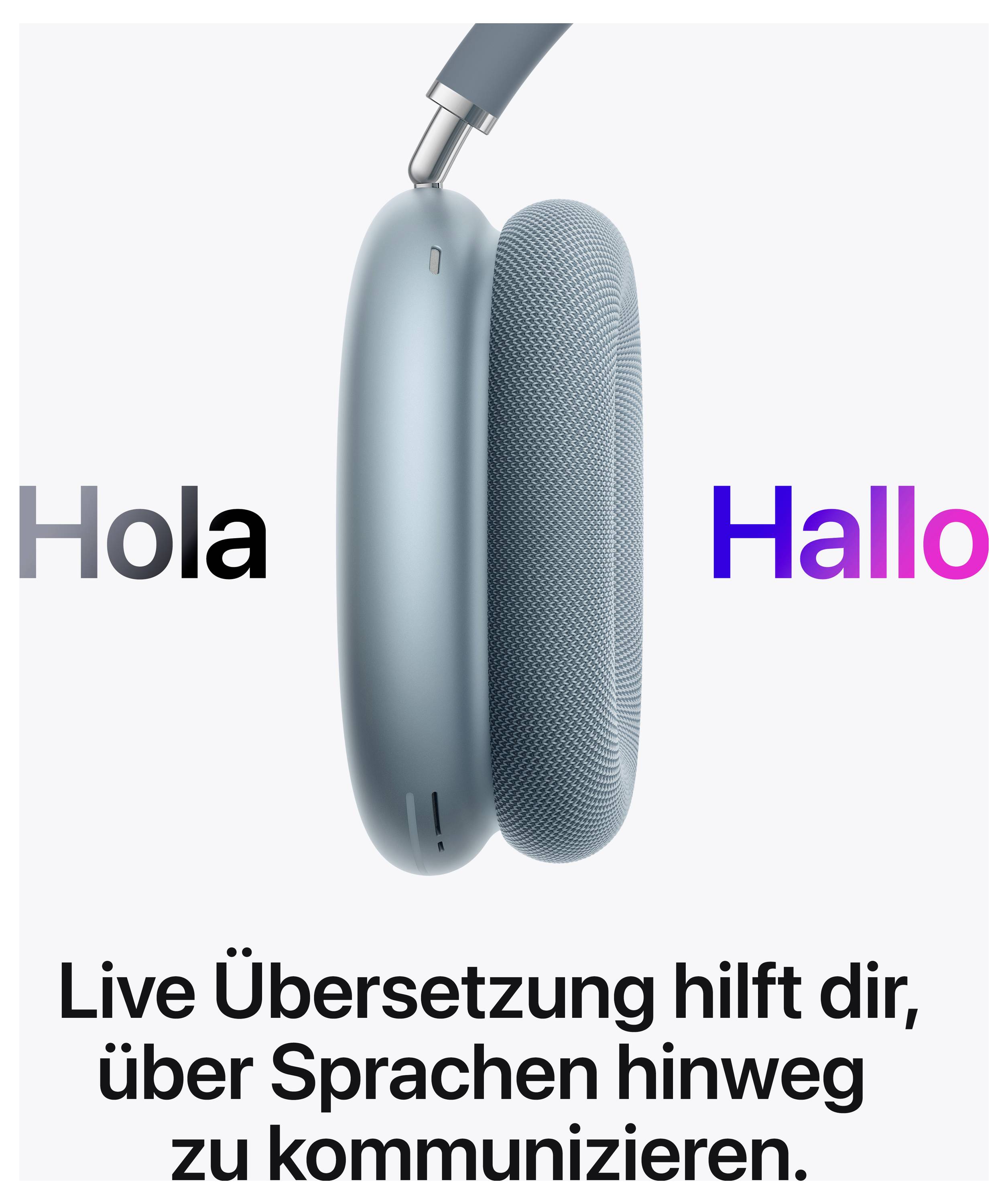 Headphones with text 'Hola' and 'Hallo'. Underneath it says: 'Live translation helps you communicate across languages.'