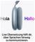 Headphones with text 'Hola' and 'Hallo'. Underneath it says: 'Live translation helps you communicate across languages.'