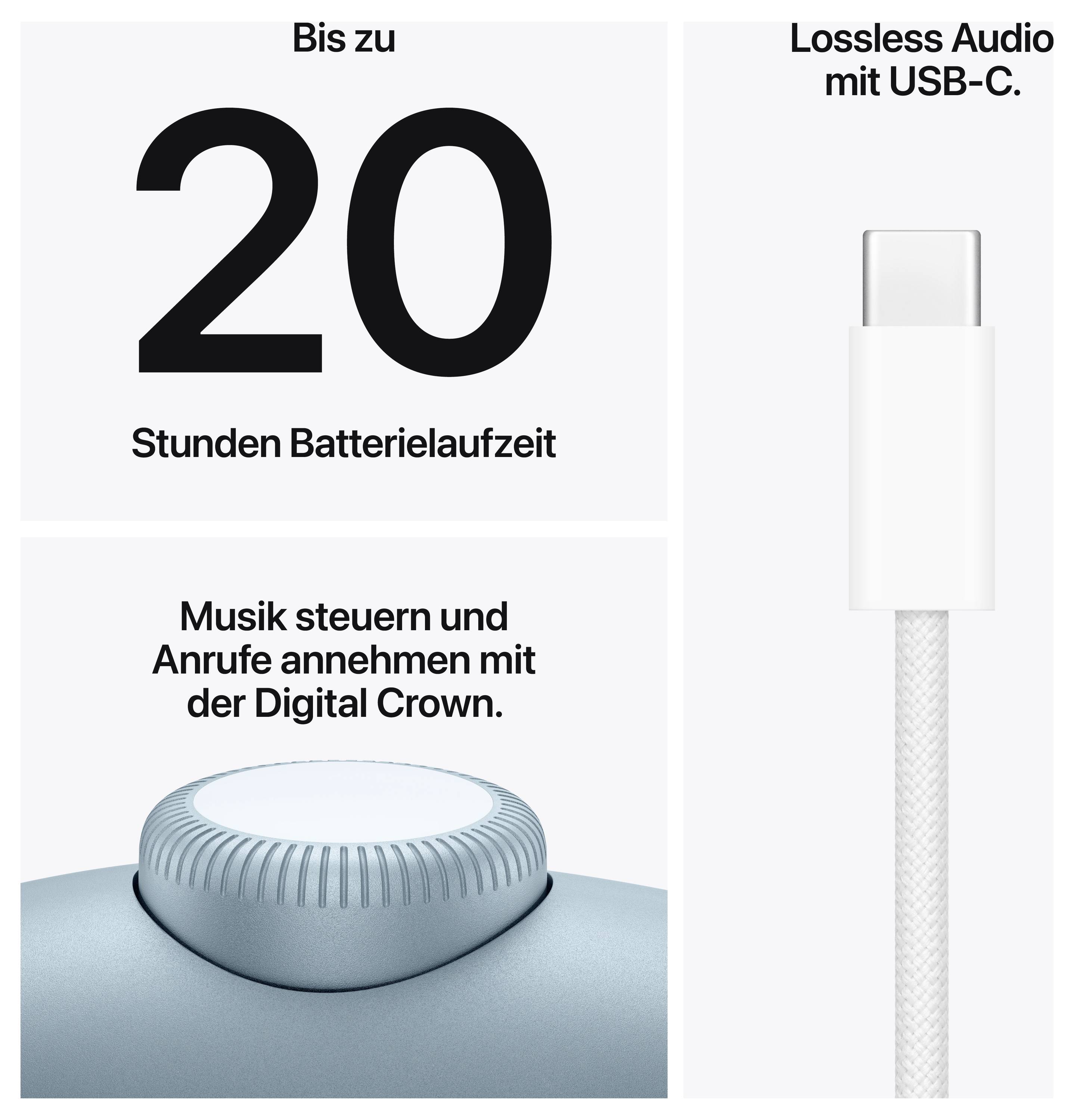 'Up to 20 hours battery life', 'Control music and answer calls with the Digital Crown', 'Lossless audio with USB-C'. Image of a USB-C cable and a Digital Crown.