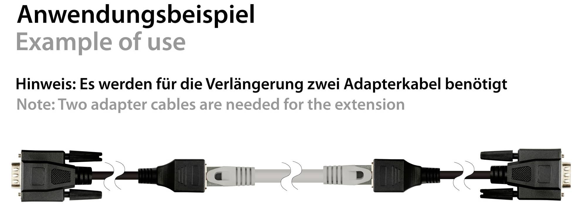 Instruction graphic showing a cable extension setup: two adapter cables connect matching connectors end to end. Text says 'Two adapter cables are needed for the extension.'