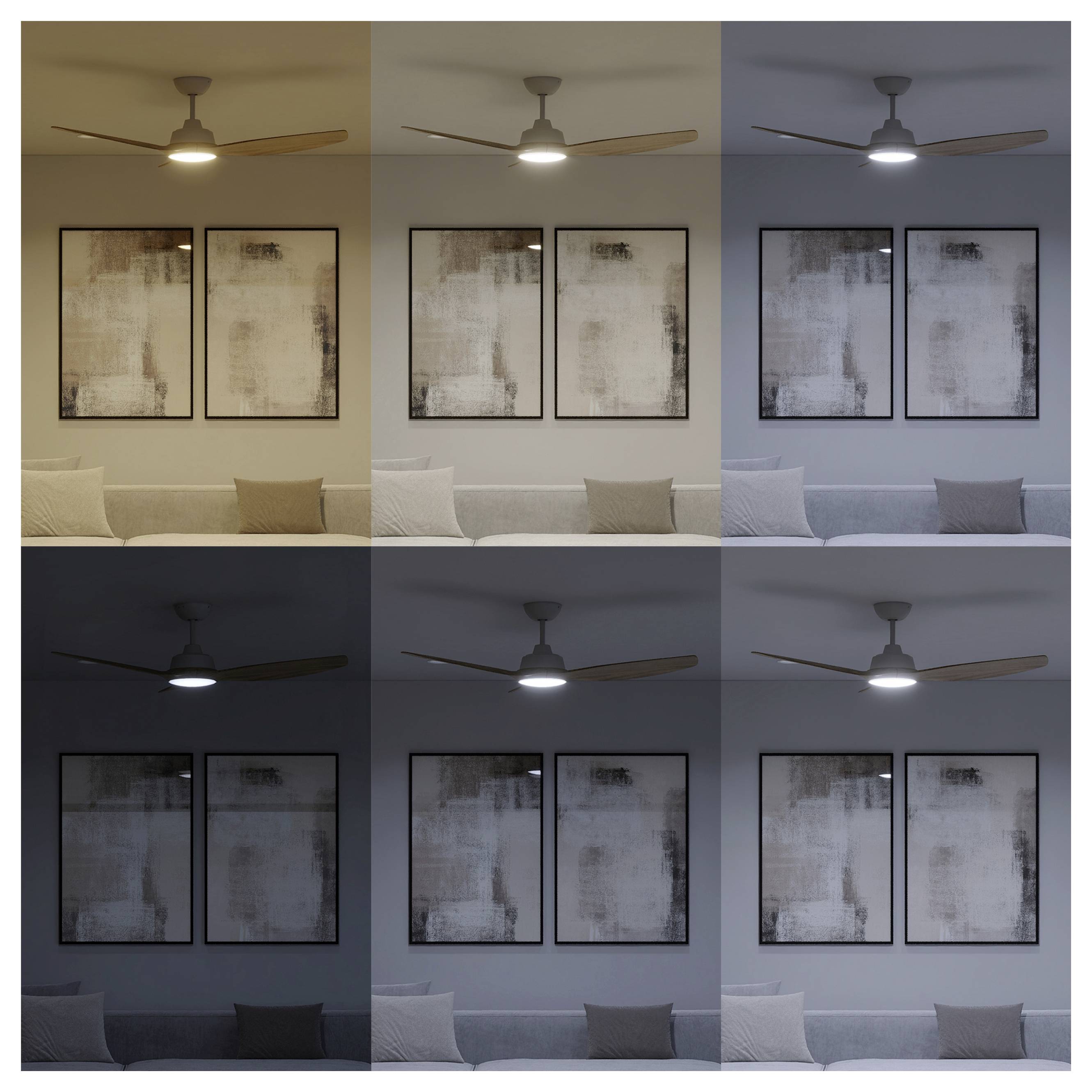 'Collage showing a living room with ceiling fan under different light settings: warm, neutral, and cool. Two framed artworks on the wall.'