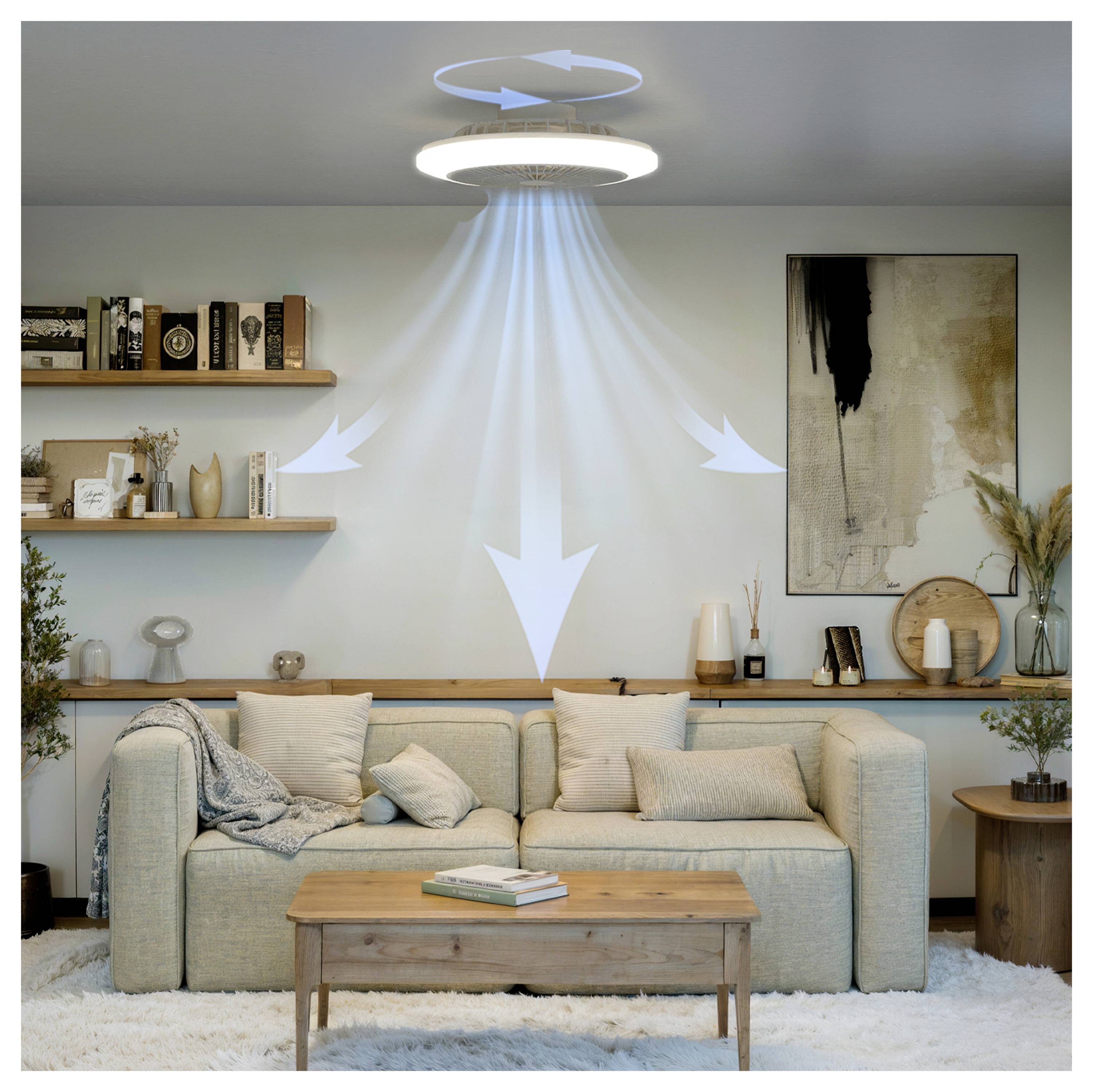 A modern living room with a ceiling light displaying air circulation arrows, indicating an integrated heating or cooling system.