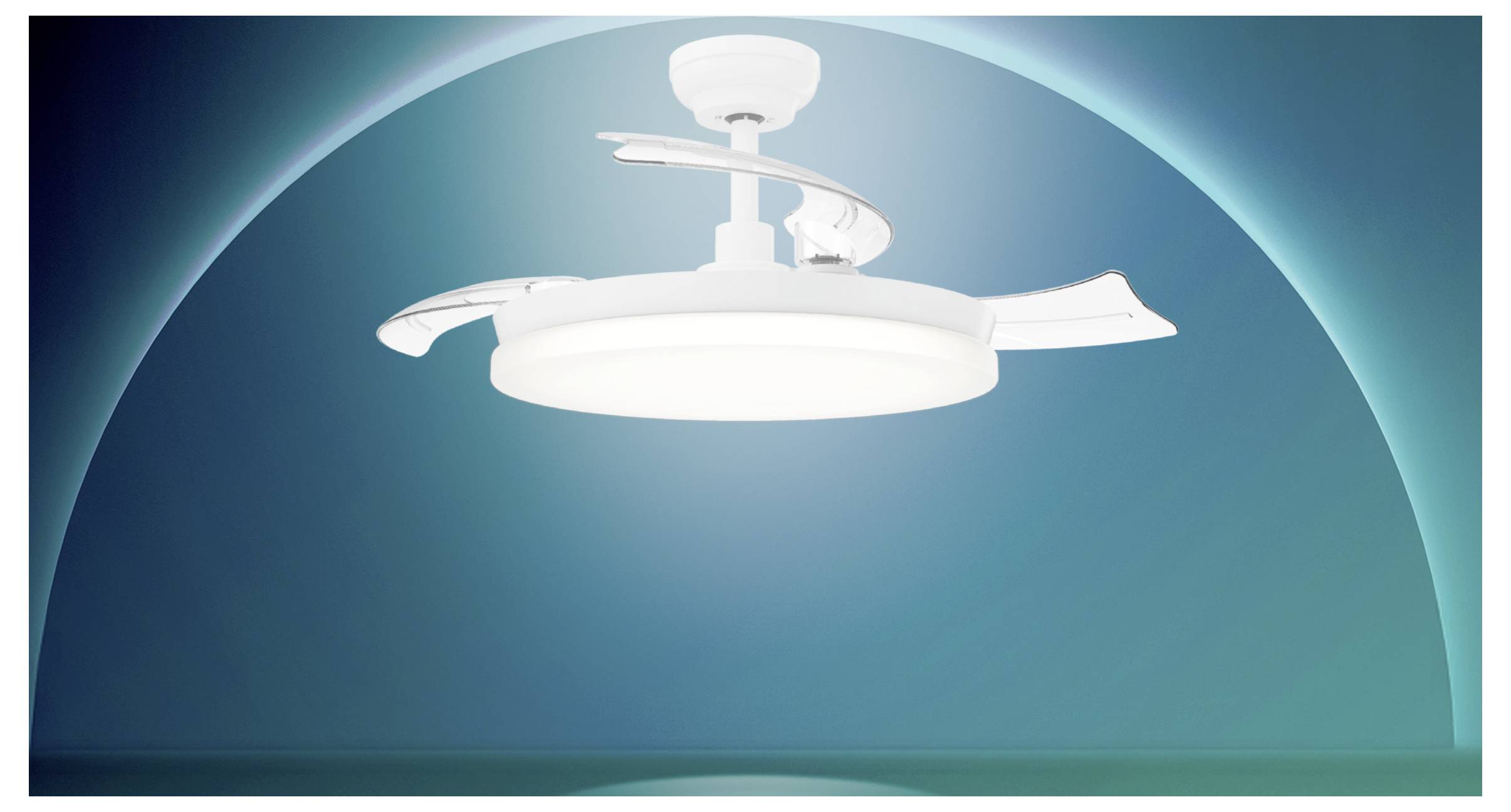 A modern ceiling fan with a white, circular design and aerodynamic blades is illuminated against a gradient blue backdrop.