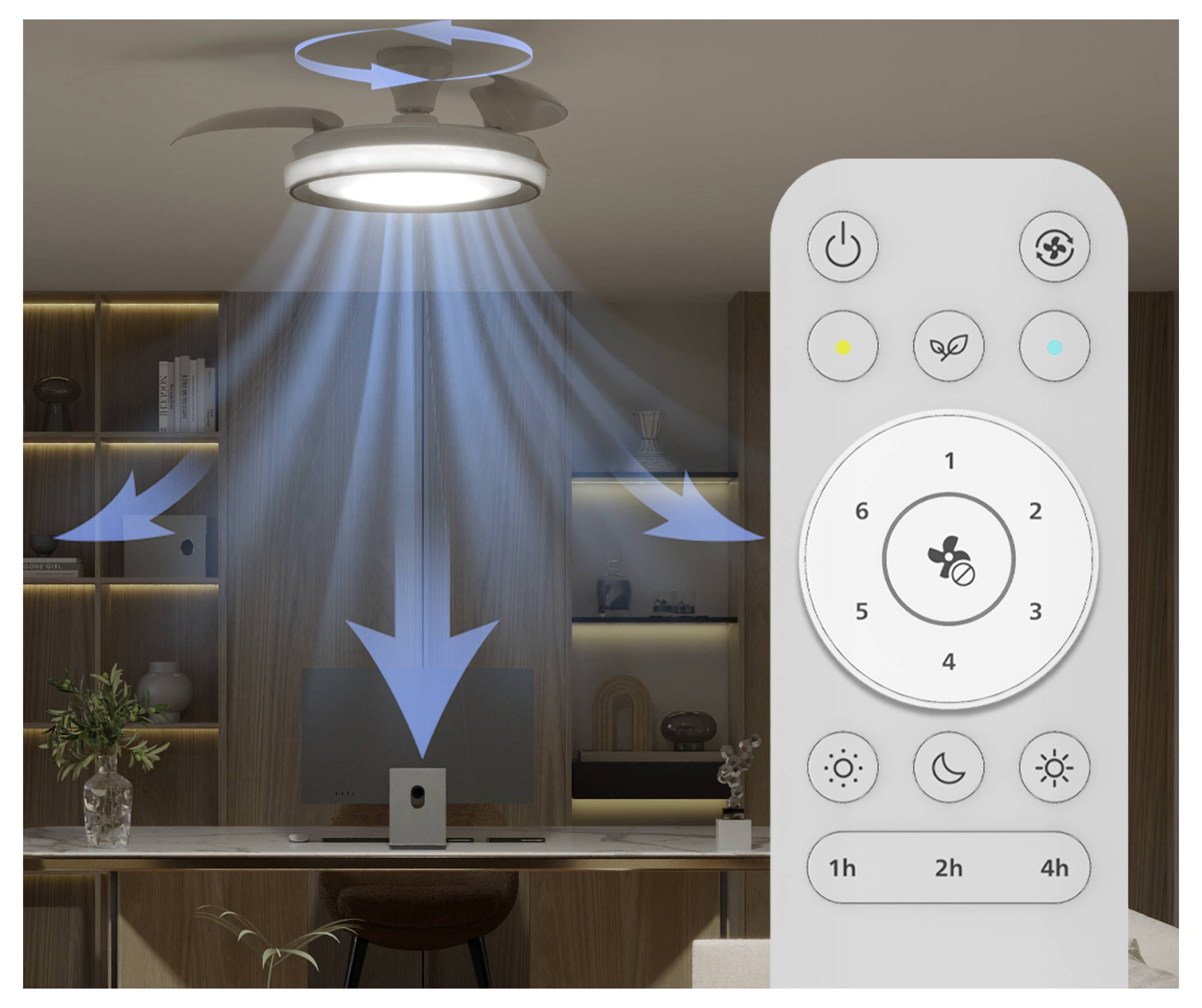 Ceiling fan with integrated light emitting cool blue light, adjustable through a remote with fan speed and timer buttons.