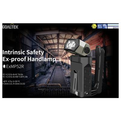 Promotional image of a Goaltek 'Intrinsic Safety Ex-proof Handlamp' model ExMP52R with certifications, shown beside a rugged black flashlight in an industrial tunnel setting.
