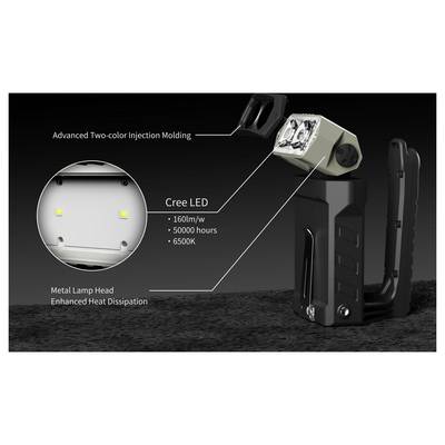 Product image of a black LED work light with labels highlighting 'Advanced Two-color Injection Molding', Cree LED, metal lamp head, 160 lm/W, 50,000 hours, and 6500K.<br>
