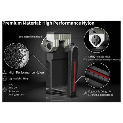 Product promo of a black nylon utility lighter with 180° rotating head, safety release valve, ergonomic skid-resistant design, and anti-UV, anti-static, anti-corrosion features.