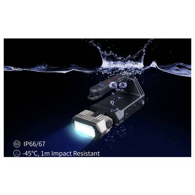 Waterproof LED flashlight splashing through water, with on-image text 'IP66/67' and '-45°C, 1m Impact Resistant'.