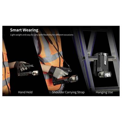 Promotional graphic of a smart wearable work light showing three carrying options: hand held, shoulder strap, and hanging use.