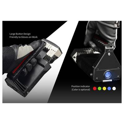 Promotional image of a flashlight with a large glove-friendly button and a color position indicator, shown in a gloved hand and front view.