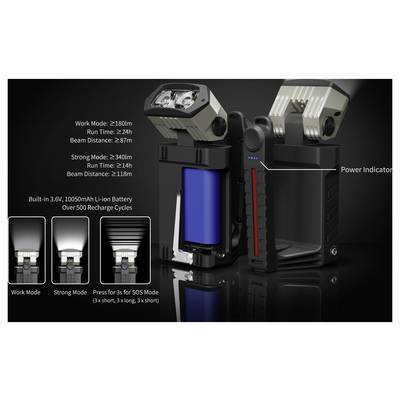 Promotional image of a rechargeable dual-head flashlight showing work and strong modes, power indicator, and battery specs: 180m beam, 22h runtime, 500+ recharge cycles.