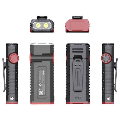 Multi-view of a black and red handheld work light showing front, back, sides, and top with dual LED lamps and a belt clip.