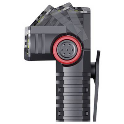 Black adjustable camera mount clamp with a red-rimmed circular pivot joint and ribbed handle, shown in side view on a white background.