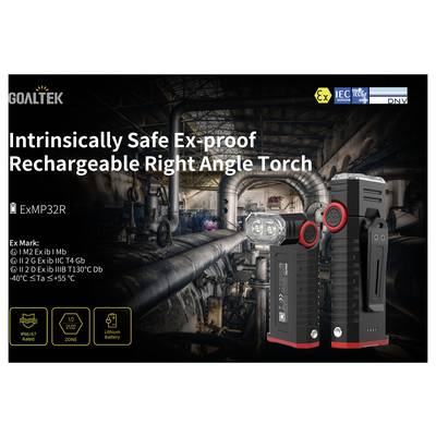 Product ad showing GOLTEK intrinsically safe Ex-proof rechargeable right angle torch, model ExMP32R, with certification logos and explosive mine tunnel background.<br>
