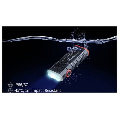 Waterproof black flashlight shown underwater, with text stating 'IP66/67' and '-45°C, 1m Impact Resistant'.