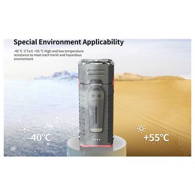 Portable device shown between icy and desert landscapes, labeled 'Special Environment Applicability' and rated for -40°C to +55°C high and low temperature resistance.