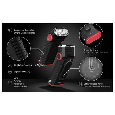 Product infographic of a black and red handheld device highlighting ergonomic design, high-performance nylon, 220g weight, power indicator, and safety release valve.<br>